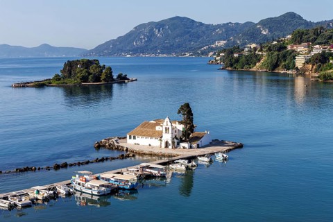 Vlacherna Monastery and Mouse Island in the Mediterranean Sea from above on the island of Corfu,