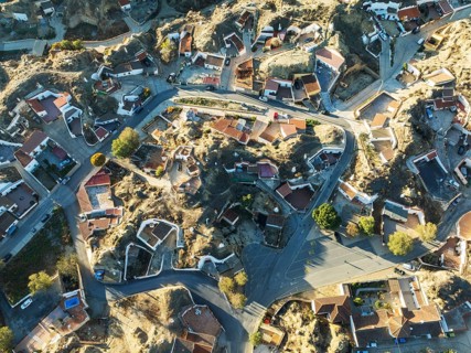 The cave quarter in Guadix. Aerial view. Drone shot. Granada province, Andalusia, Spain, Europe