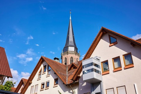 Church tower of St. Nikolaus, residential building, pointed roof with red roof tiles, frog