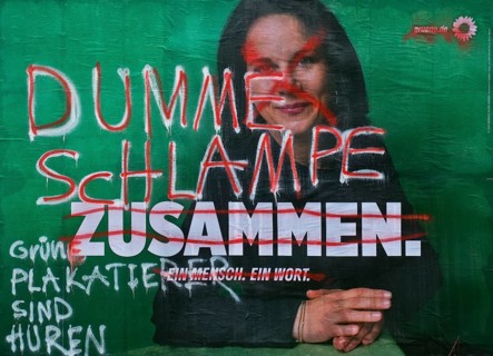 Denigration of a large poster for the 2025 federal election by the Greens with Annalena Baerbock,
