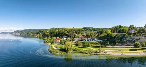 Aerial view, panorama of Lake Constance with the Landesgartenschaugelände and Uferpark, Goldbach,