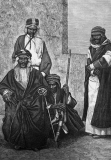 Noble Arabs, traditional floor-length robe, headgear, rifle, travelling in Asia, Arabia, historical