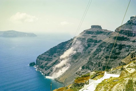 Landslide of volcanic rocks cliff at Fira, Santorini, Cyclades islands, Greece, Europe, 1972,