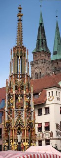 The Beautiful Fountain and behind it the towers of St Sebald's Church, Nuremberg, Middle Franconia,