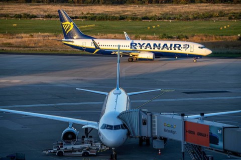 Eurowings Airbus at Terminal 1, C-Gates, Ryanair Boeing 737 taxiing to the runway, Cologne-Bonn