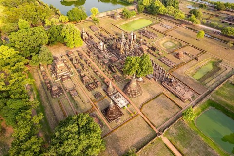 The central Buddhist temple Wat Mahathat seen from the air, UNESCO World Heritage Sukhothai