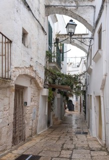 Enchanted historic alleyway with arches and whitewashed walls, decorated with plants, Cisternino,