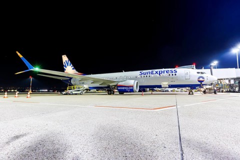 A Boeing 737-8 MAX aircraft of SunExpress with the registration TC-SME at the airport in Stuttgart,