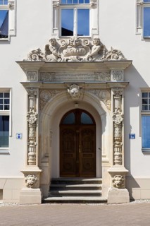 Richly decorated portal of the Seidemannhaus in the city centre of Taucha, Saxony, Germany, Europe