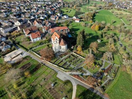 Aerial view of the municipality of Horn on the Höri peninsula with the church of St. Johann and