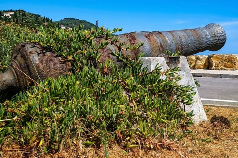 Old historic rusty cannons on the Long Pier in the Oneglia district of Imperia, Liguria, Italy,