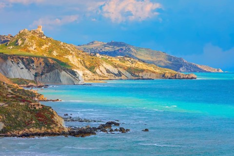 Chiaramontano castle, dominating Agrigento coast, Riserva Naturale di Punta Bianca, Palma di