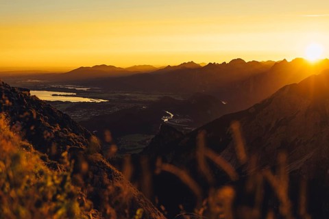 View from the Aggenstein and the foothills of the Alps in Ostallgäu and the Ammergebirge at