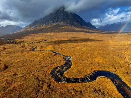 Morning light, cloudy mood, river, moor, mountain landscape, aerial view, rainbow, autumn, view of