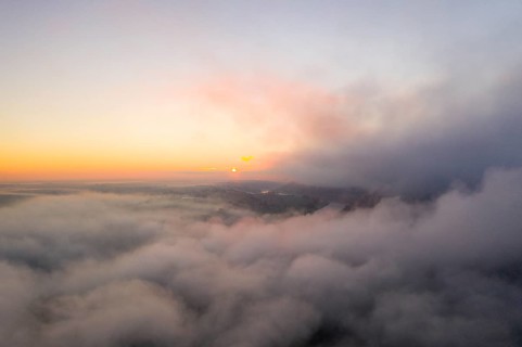 The sun rises above the fog, Elbe Valley, Saxony, Germany, Europe