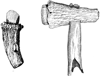 Two Stone Age axes, polished stone axe with handle made of deer horn from Belgium (6), stone axe