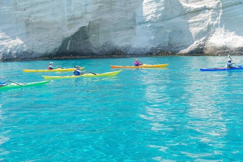 Group of people Kayaking, Kleftiko, Milos Island, Cyclades Islands, Greece, Europe