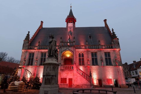 Gothic town hall and monument to Jacob van Maerlant, illuminated, Christmas, Damme, West Flanders,