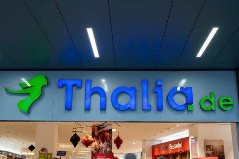 Thalia.de, lettering and logo on the façade, bookstore, Soest, North Rhine-Westphalia, Germany,