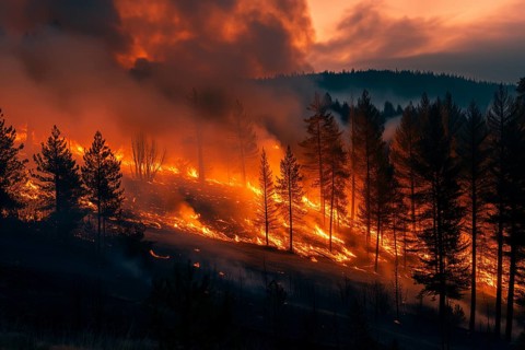 View of a forest fire is raging through a forest, with smoke and flames visible in the air. The
