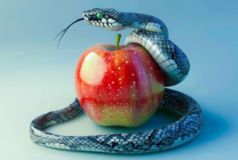 Temptation of Adam and Eve, forbidden fruit in garden of eden leads to primal sin, AI generated
