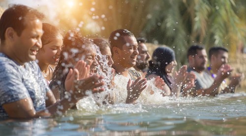 People being baptized in Jordan River in Israel in Baptist ceremony, AI generated
