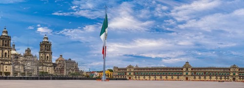 Mexico City Central Zocalo Constitution Plaza and landmark Metropolitan Cathedral near Presidential