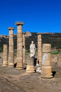 Statue of Emperor Trajan in the forum, Baelo Claudia Roman site, Cadiz Province, Spain, Europe