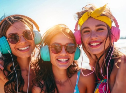 Sexy young ladies listening to modern hip hop and rap music in colorful headphones at party, AI