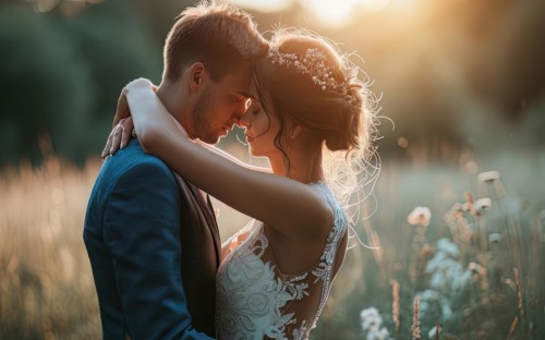 Affectionate romantic couple hugging at sunset during honeymoon in wedding dress, AI generated