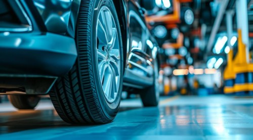 Car repairman in service garage replacing wheel of the broken car, AI generated