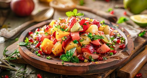A plate of fruit salad with strawberries, kiwi, oranges and other fruits, AI generated