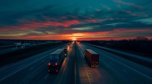 Long haul container truck carrying commercial cargo delivery between cities on a freeway, AI