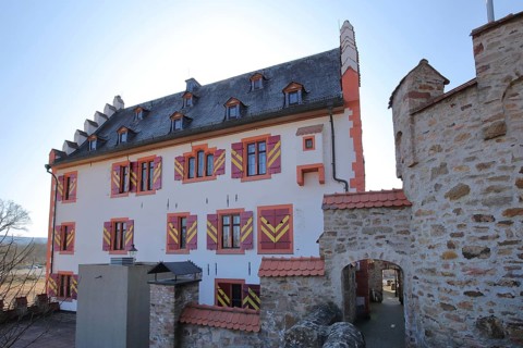 Historic Hutten Castle built in 1536 with stepped gable, Bad Soden, Bad Soden-Salmünster, Spessart,