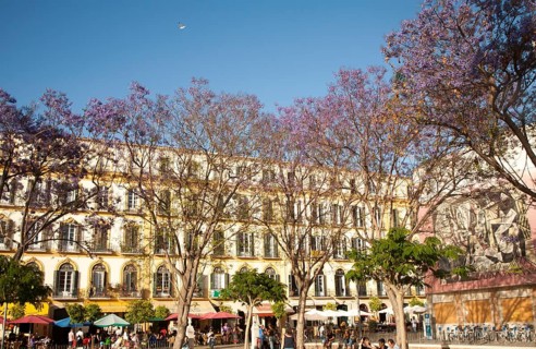 People enjoying a sunny spring afternoon in Plaza de la Merced, Malaga Spain