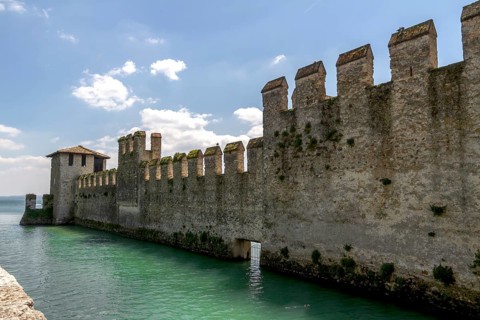 Medieval harbour wall, Scaligerian fort Sirmione, Lombardy, Province of Brescia, Italy, Europe