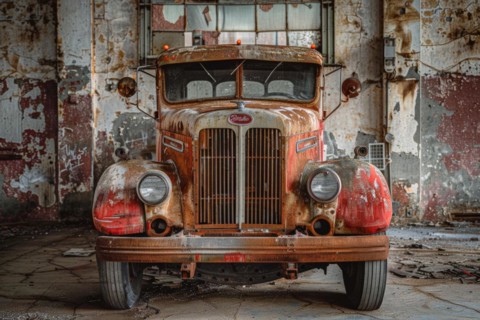 An old, weathered US-American truck, vintage truck, wreck, from the 50s stands in front of an old