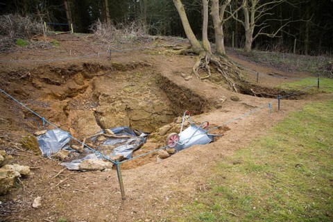 Geological excavation site at the Rockhall Wood Pit SSSI site, Sutton, Suffolk, England, United