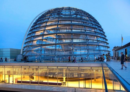 Visitors on the roof of the Reichstag, view of the Reichstag dome, Berlin, 21 May 2014