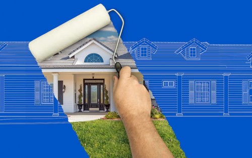 Before and after of man painting roller to reveal custom home photograph under blueprint sketch