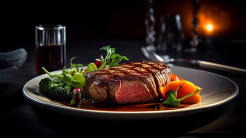 Fresh succulent top sirloin steak with sauteed vegetables on the flame grill, generative AI.-