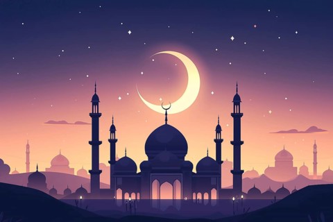 Ramadan with a mosque silhouetted against a starry night sky, illuminated by the crescent moon, AI