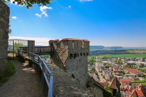 Bridge, view of small town, houses, roofs, Hohenbeilstein Castle, hilltop castle, Beilstein,