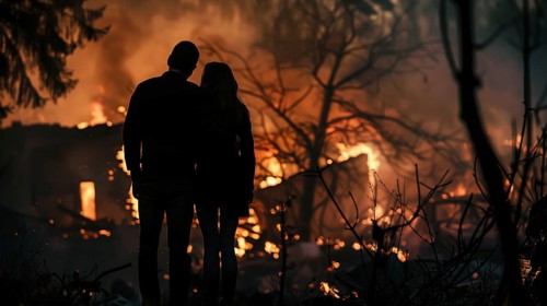 Couple embracing standing stunned gazing at the fire ruins of their home. generative AI, AI