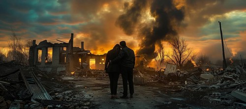 Couple embracing standing stunned gazing at the fire ruins of their home. generative AI, AI