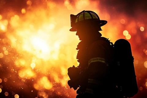Male firefighter with burning fire in background. Generative AI, AI generated