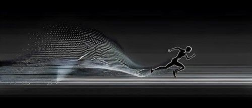 Wave of data points shaping into a runners silhouette, abstract illustration in black and white,