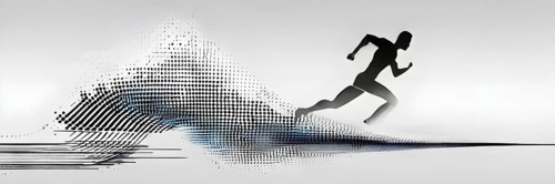 Wave of data points shaping into a runners silhouette, abstract illustration in black and white,