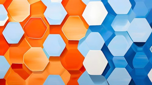 Abstract composition of interlocking blue and orange hexagons, AI generated