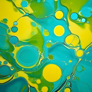Abstract wallpaper with colorful blobs and liquid shapes on a green background, AI generated
